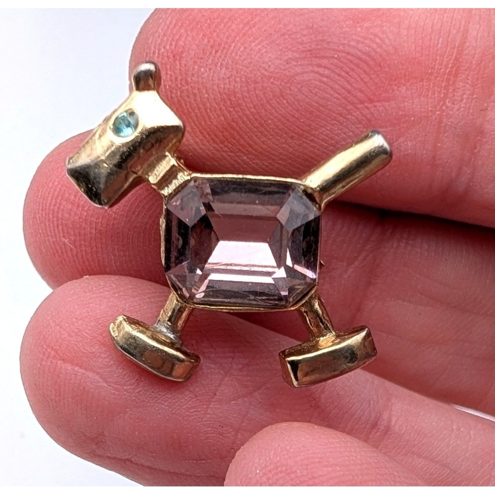 Vintage Scottie Dog Brooch Gold Tone Lavender Glass Stone Blue Rhinestone Eye
